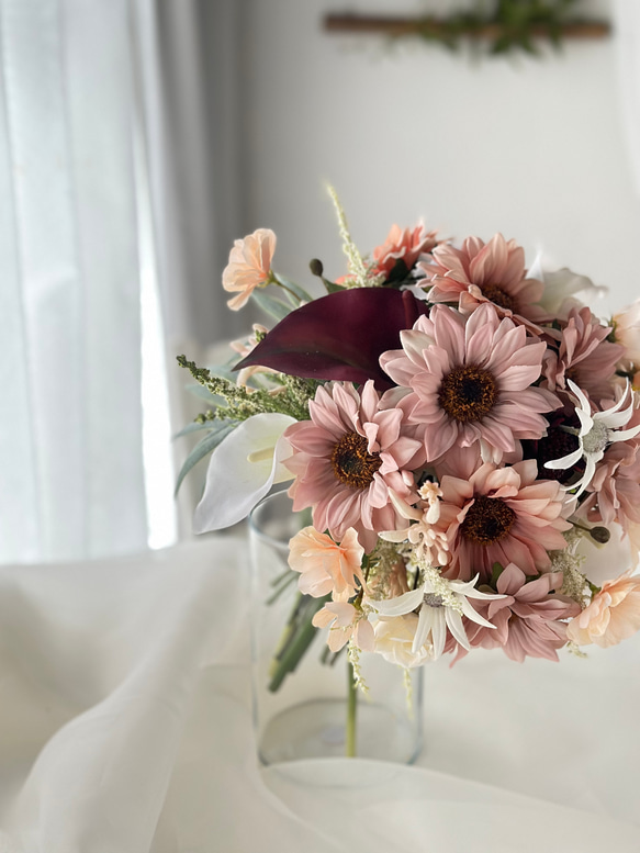 ピンクのサンフラワーブーケ　ひまわりのブーケ　造花ブーケ　ウェディングブーケ 