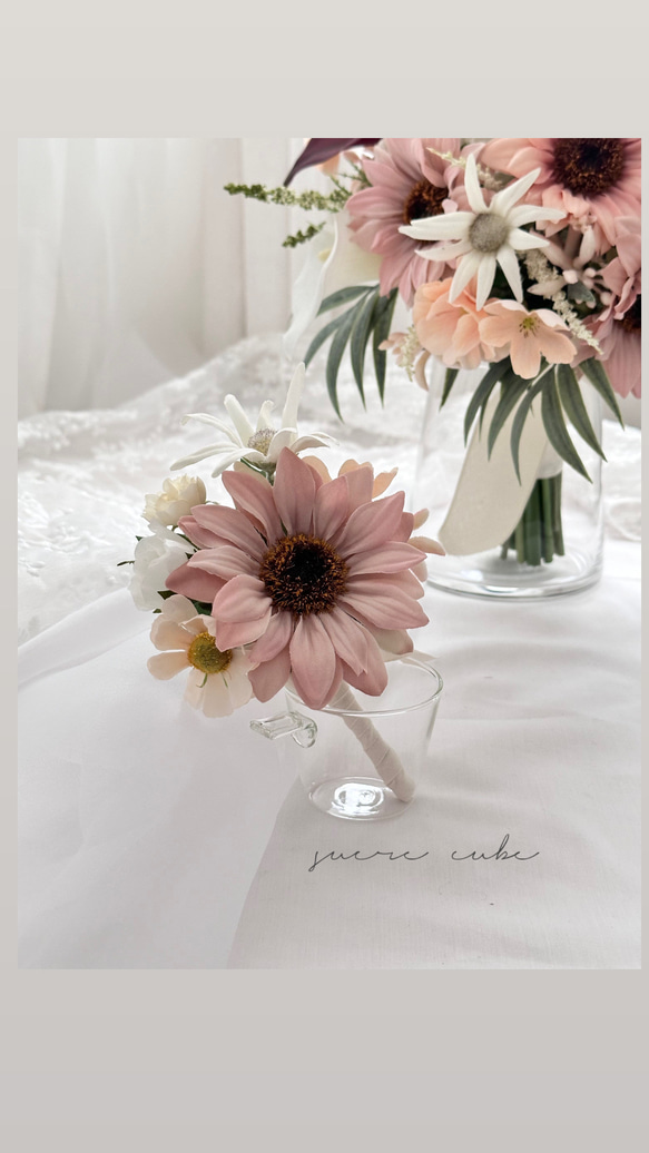 ピンクのサンフラワーブーケ　ひまわりのブーケ　造花ブーケ　ウェディングブーケ 