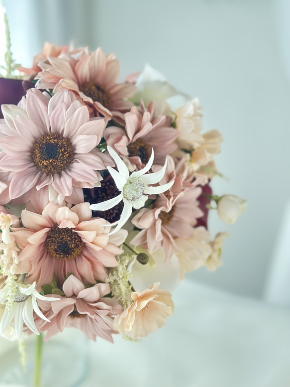 ピンクのサンフラワーブーケ　ひまわりのブーケ　造花ブーケ　ウェディングブーケ 