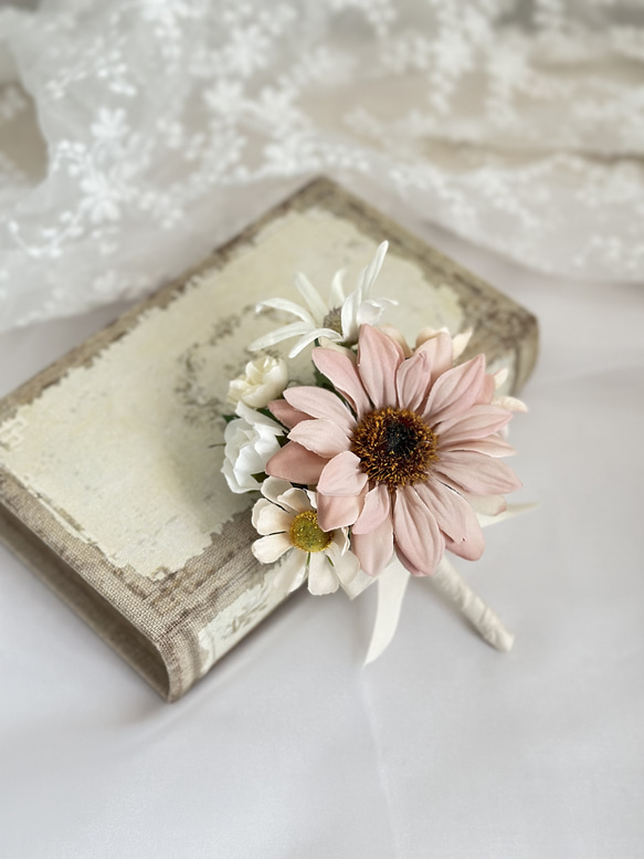 ピンクのサンフラワーブーケ　ひまわりのブーケ　造花ブーケ　ウェディングブーケ 