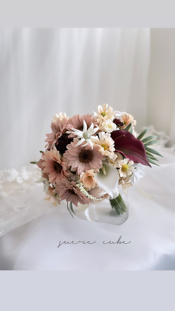 ピンクのサンフラワーブーケ　ひまわりのブーケ　造花ブーケ　ウェディングブーケ 