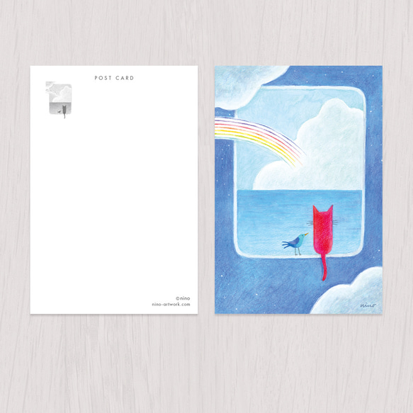 ポストカード2枚セット　赤い猫と青い鳥「ハルとソラ」No.2024-08 2枚目の画像