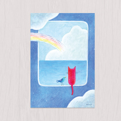 ポストカード2枚セット　赤い猫と青い鳥「ハルとソラ」No.2024-08 5枚目の画像