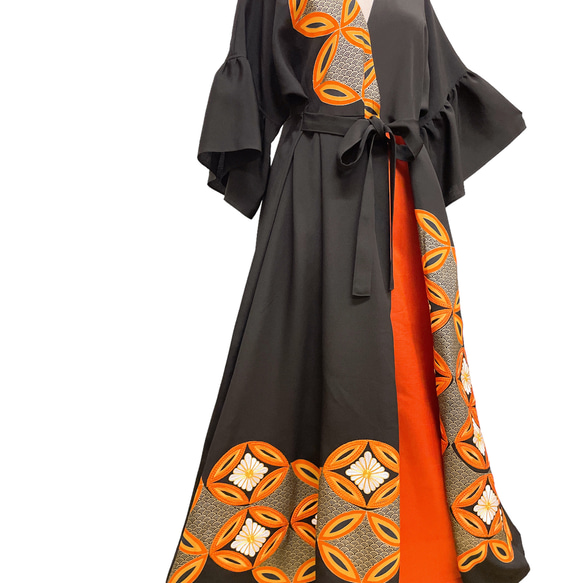 上質 黒留袖 アクセントカラーカシュクール ワンピース 正絹 上質 着物リメイク 結婚式 衣装 和柄 黒 A60107 9枚目の画像