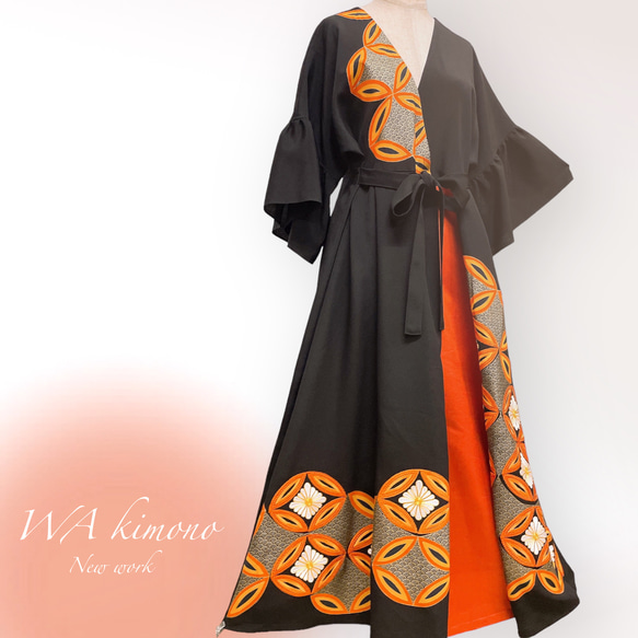 リメイク　正絹　着物　ワンショルダー　ドレス　kimono dress 黒留袖 上質 黒留袖 アクセントカラーカシュクール ワンピース 正絹
