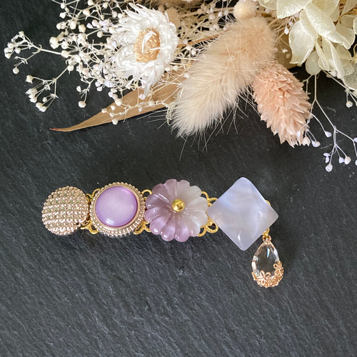 ボタン バレッタ ヘアアクセサリー ハンドメイド レジン 花