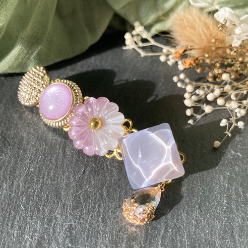 ボタン バレッタ ヘアアクセサリー ハンドメイド レジン 花 ゴールド 