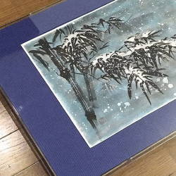 『雪持笹』  墨絵・水墨画・墨彩画  絵画　縁起もの  52.5ｘ37.5cm  インテリア　モダン壁掛け　原画　アート 1枚目の画像