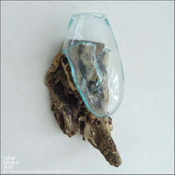 硝子フラワーベースwall/02 花瓶 プリミティブガラスベース 壁掛け 一輪挿し 吹きガラス 手づくり 無垢材 自然 2枚目の画像
