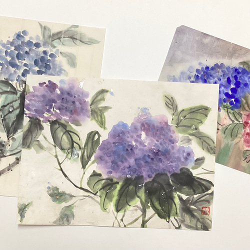 紫陽花〜大輪 絵画 墨絵 水墨画 墨彩画 インテリアアート 雑貨ギフト 紫色 5,500『Hydrangea〜紫陽花 』墨絵 水墨画 インテリアアート 雑貨