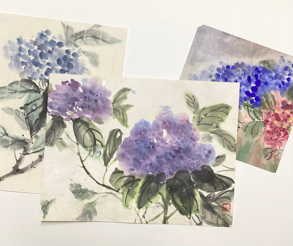 紫陽花〜大輪 絵画 墨絵 水墨画 墨彩画 インテリアアート 雑貨ギフト 紫色 5,500『Hydrangea〜紫陽花 』墨絵 水墨画 インテリアアート 雑貨