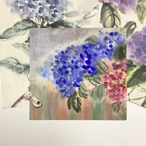 紫陽花〜大輪 絵画 墨絵 水墨画 墨彩画 インテリアアート 雑貨ギフト 紫色 5,500『Hydrangea〜紫陽花 』墨絵 水墨画 インテリアアート 雑貨