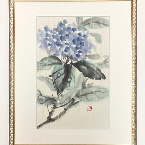 紫陽花〜大輪 絵画 墨絵 水墨画 墨彩画 インテリアアート 雑貨ギフト 紫色 5,500『Hydrangea〜紫陽花 』墨絵 水墨画 インテリアアート 雑貨