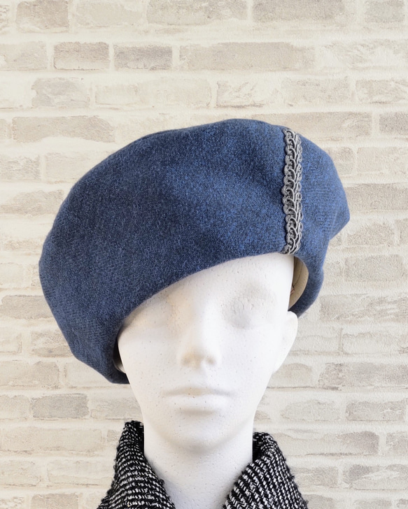 Sサイズ 小さい 小柄な人のベレー帽:サックスブルー 青色 コットンツイード ブレードテープ シンプル 秋冬 春先 5枚目の画像