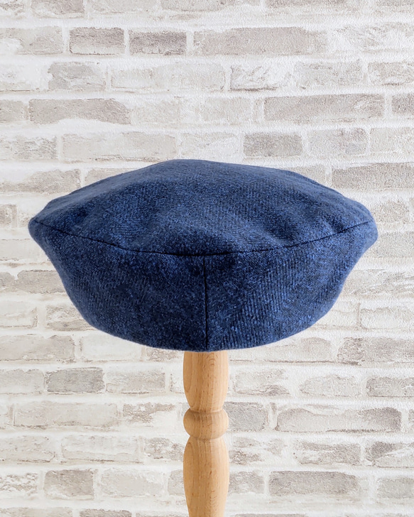 Sサイズ 小さい 小柄な人のベレー帽:サックスブルー 青色 コットンツイード ブレードテープ シンプル 秋冬 春先 8枚目の画像