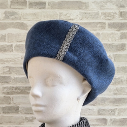 Sサイズ 小さい 小柄な人のベレー帽:サックスブルー 青色 コットンツイード ブレードテープ シンプル 秋冬 春先 3枚目の画像