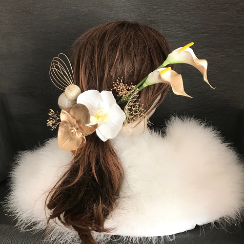 髪飾り　胡蝶蘭　水引　成人式　結婚式　和装髪飾り　振袖　白無垢　前撮り　チュール 胡蝶蘭の成人式髪飾り 卒業式髪飾り 結婚式髪飾り 白無垢 色打掛
