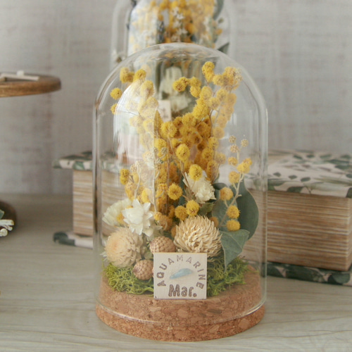 ミモザの誕生月の天然石 Flower dome プリザーブドフラワー QUEUE DE