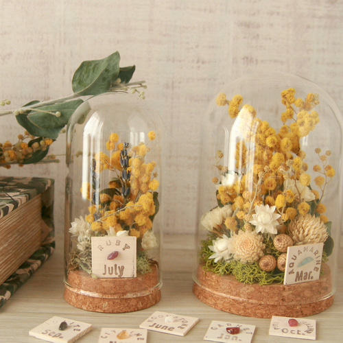 ミモザの誕生月の天然石 Flower dome プリザーブドフラワー QUEUE DE