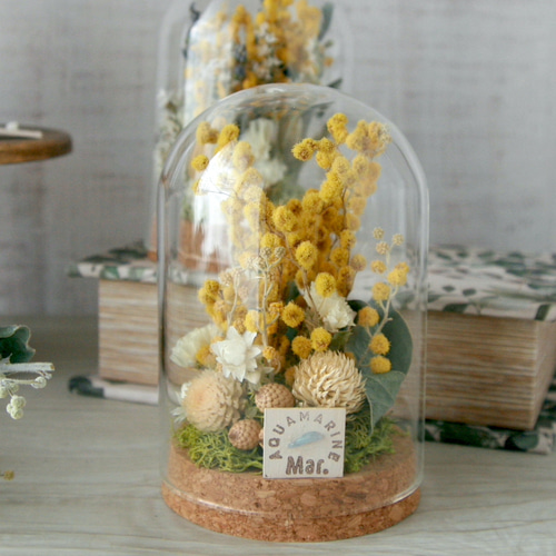 ミモザの誕生月の天然石 Flower dome プリザーブドフラワー QUEUE DE