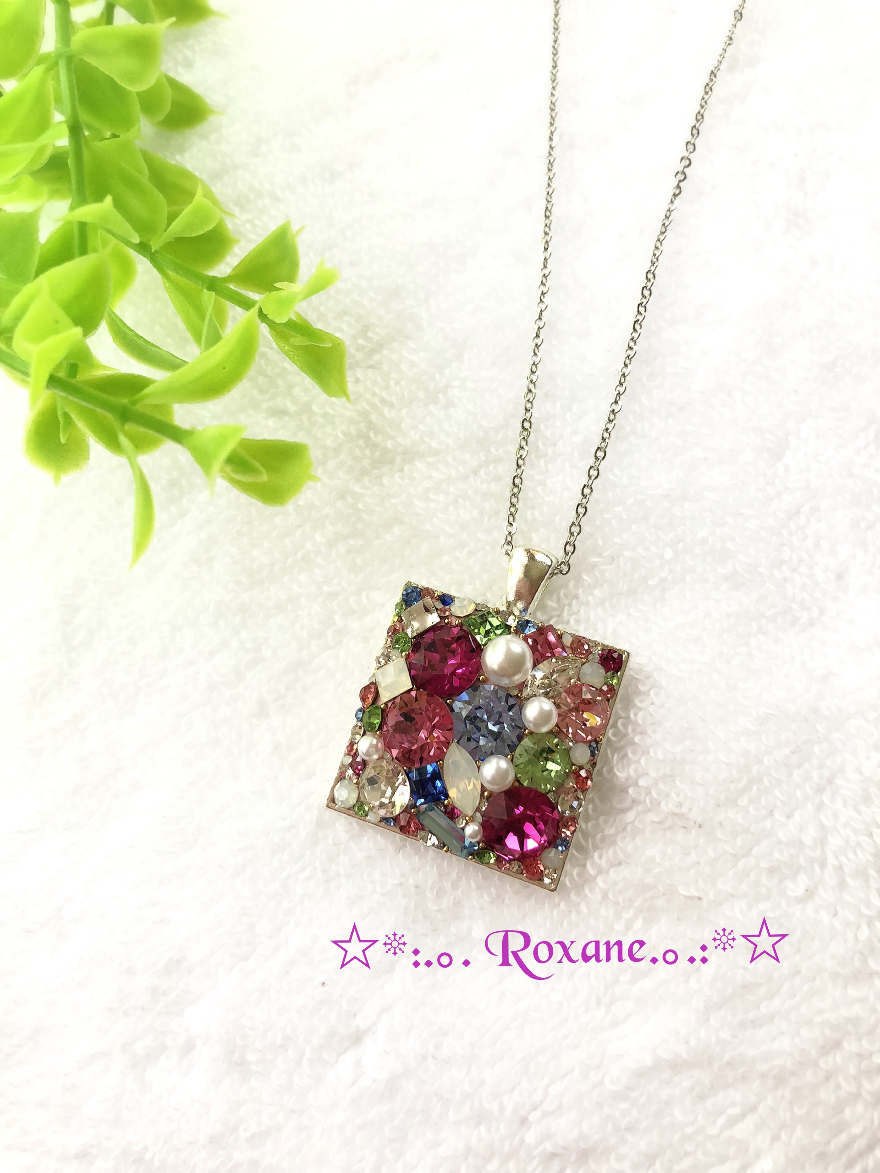 グルーデコ スクエア型 大粒ビジュー 大人可愛い ピンク系 キラキラ ボリューム ネックレス No.49