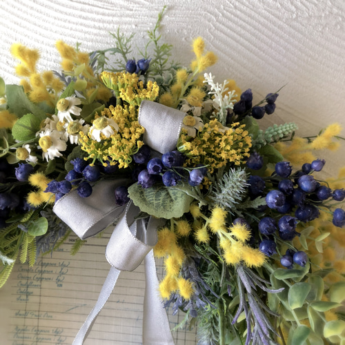 Spring 春ミモザとアナベルのハーフリース20〜25cm