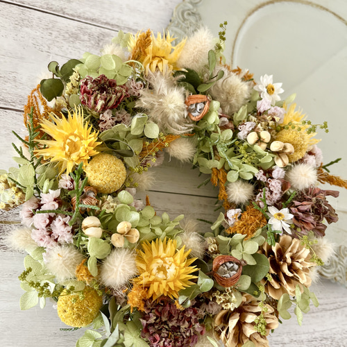 春色新作2024【Creema限定】早春の黄色いドライフラワーリース  