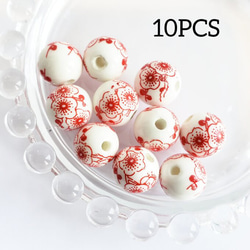 10個 陶器 セラミック 花柄 ビーズ/白 赤【約12㎜】 (taiB-222） アジアン 中華 チャイナ 1枚目の画像