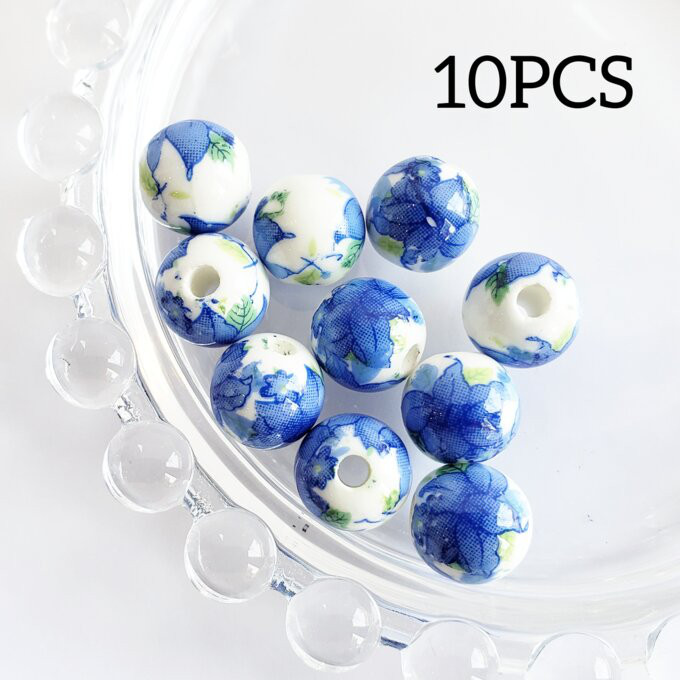 10個 陶器 セラミック 花柄 ビーズ/白 青【約10㎜】 (taiB-224