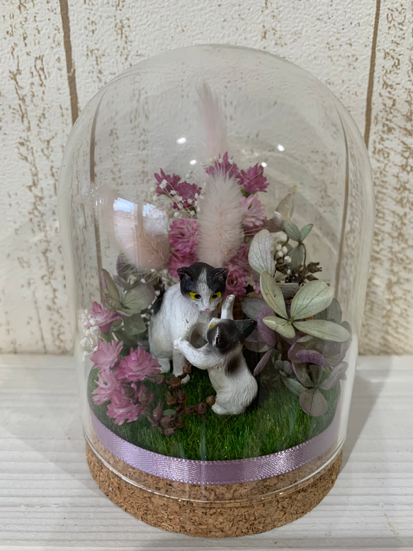 ガラスドームのお花と猫ちゃん【親子ネコ】 1枚目の画像