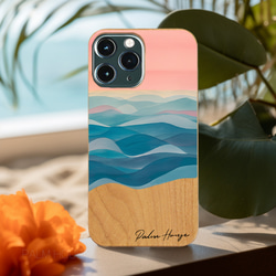 天然木♡名入れ♪マーメイドオーシャン iPhoneケース 海 グラデーション ピンク サンセット 2枚目の画像