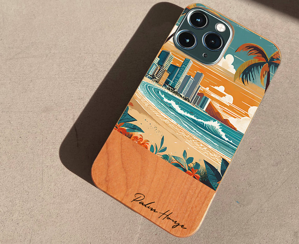 天然木♡名入れ♪ オレンジ ワイキキビーチ ハワイ  iPhoneケース HAWAII WAIKIKI 海 3枚目の画像