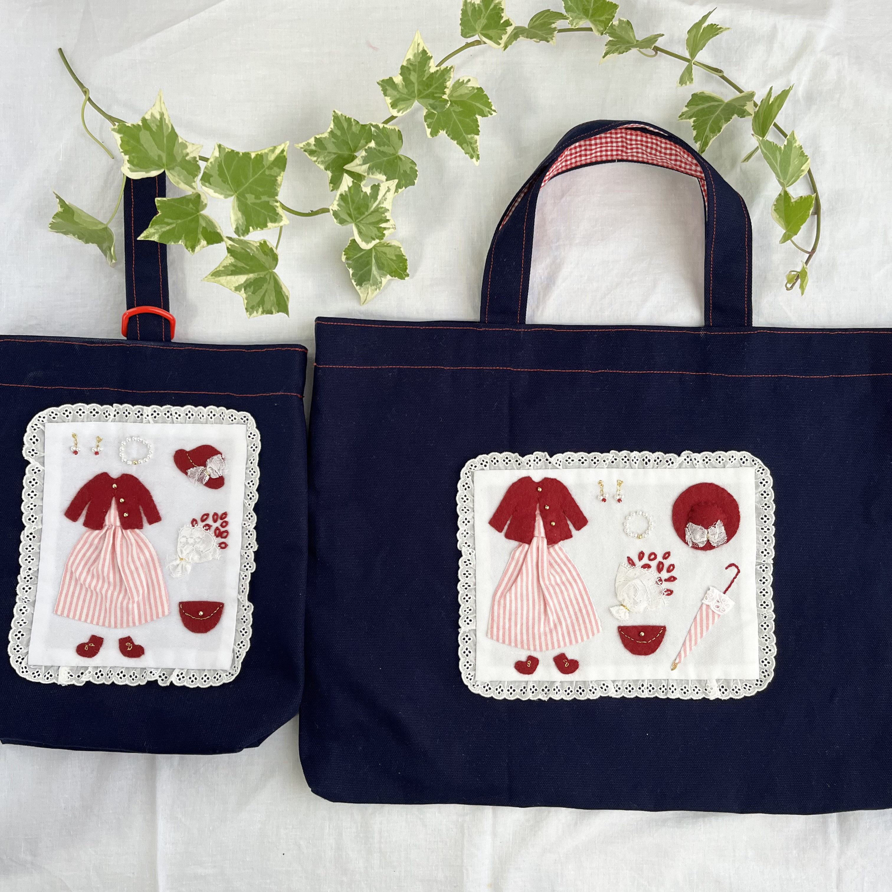 入園入学セット　ちょっと大きめアップリケのレッスンバッグと上履き入れ(ピンクストライプ)