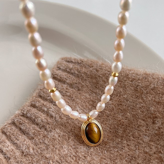 淡水パールのネックレス　虎目石　タイガーズアイ　淡水真珠　淡水パール　6月の誕生石 夏の誕生石2024