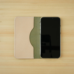 牛革 iPhone15 Plus / 15 Pro Max カバー  ヌメ革  レザーケース  手帳型  グリーン 3枚目の画像