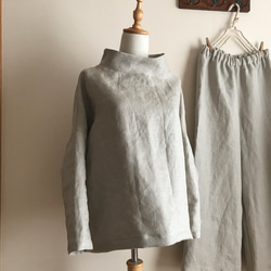 ハンドメイド 人気作家 フレンチリネンハイネックフレアマキシワンピース 黒 フレンチリネン（ロイヤルブルー）で作ったハイネックフレア
