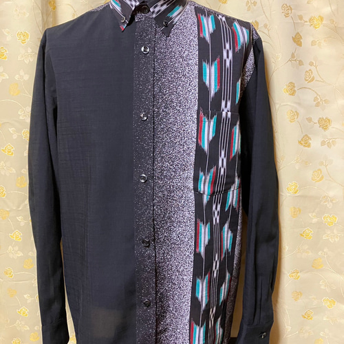 長袖】ボタンダウン・スリム 黒矢絣・長袖 かりゆしウェア メンズ L L