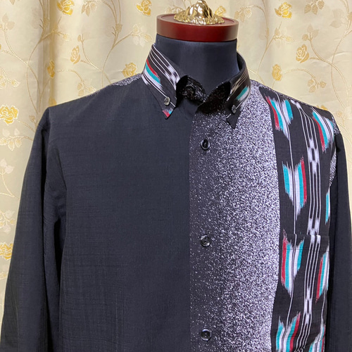 長袖】ボタンダウン・スリム 黒矢絣・長袖 かりゆしウェア メンズ L L