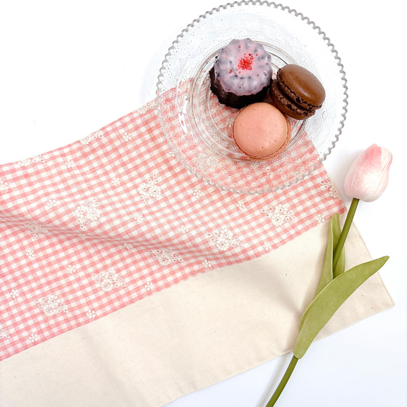 お弁当袋・巾着袋 【Embroidery Flower Check pink】サイズオーダー可　女の子向け　刺繍生地 10枚目の画像