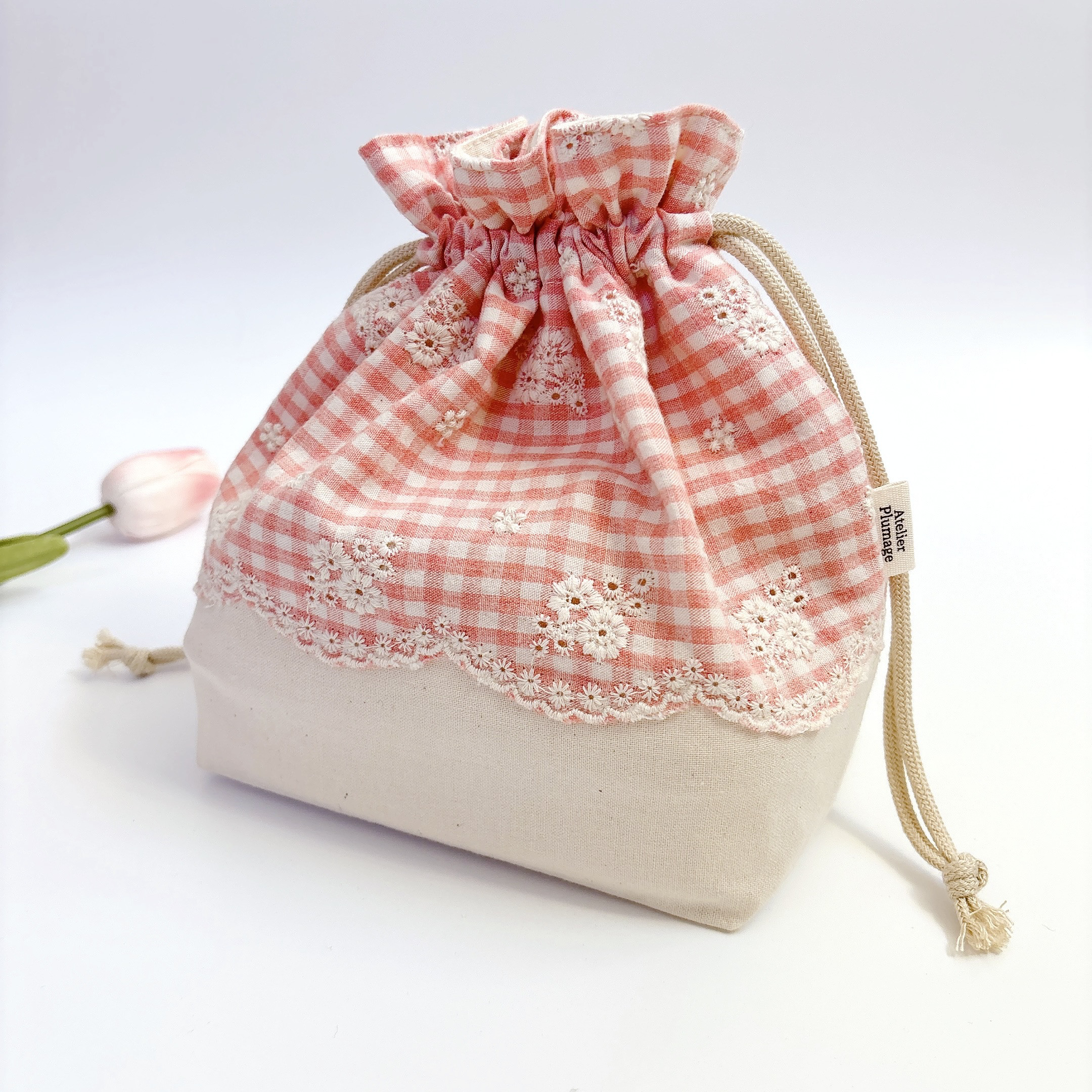お弁当袋・巾着袋 【Embroidery Flower Check pink】サイズ