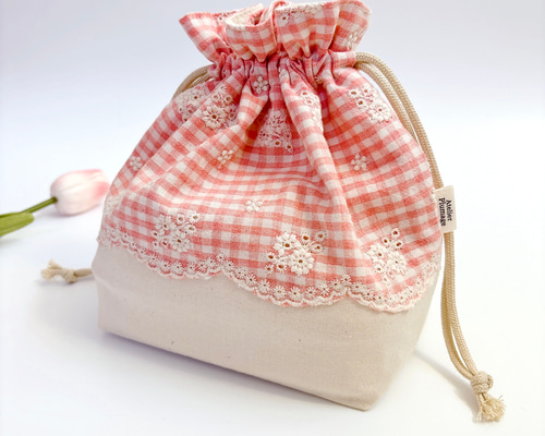 お弁当袋・巾着袋 【Embroidery Flower Check pink】サイズ