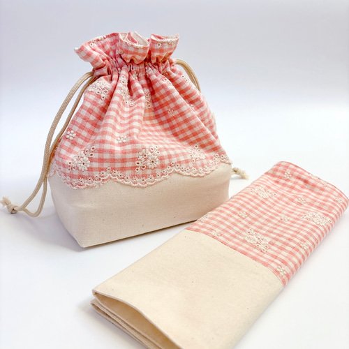お弁当2点セット 【Embroidery Flower Check pink】お弁当袋