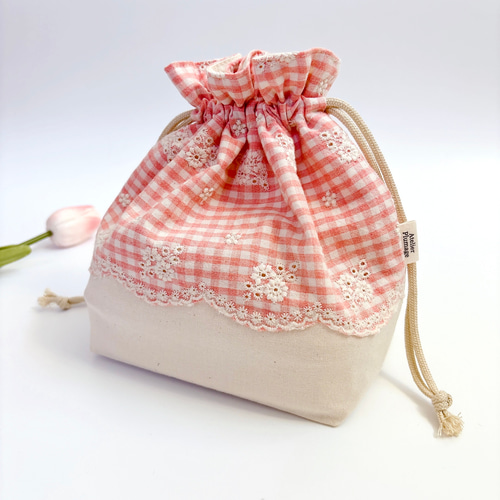お弁当2点セット 【Embroidery Flower Check pink】お弁当袋