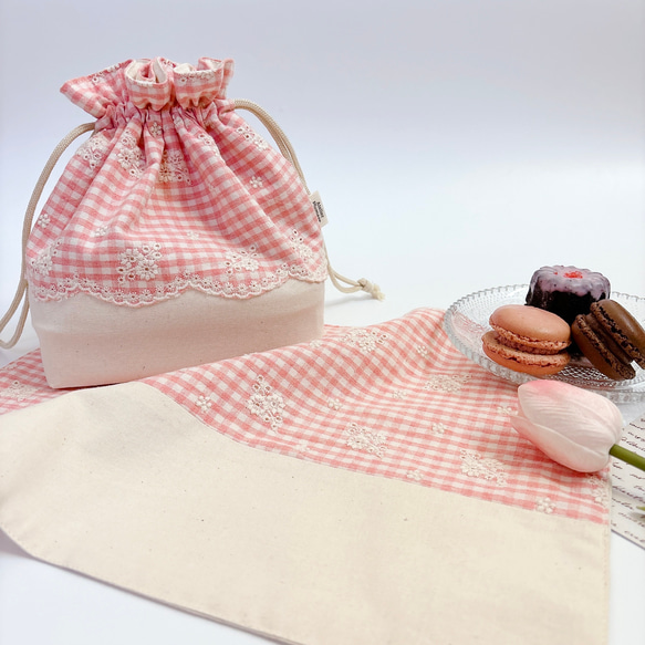 お弁当2点セット 【Embroidery Flower Check pink】お弁当袋