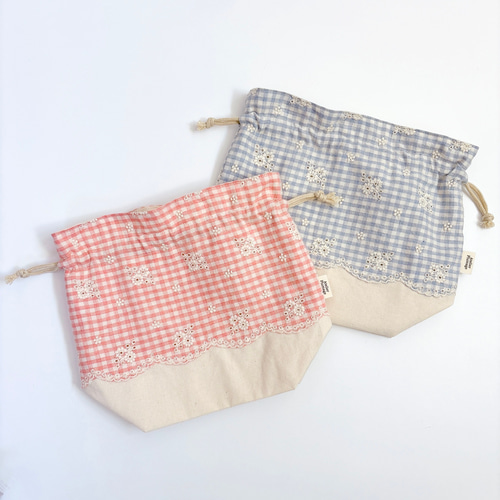 お弁当2点セット 【Embroidery Flower Check pink】お弁当袋
