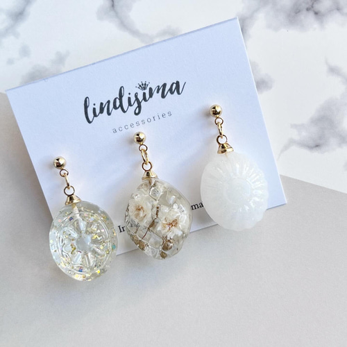 本物のお花を使ったフラワードロップ3粒ピアス・イヤリング 