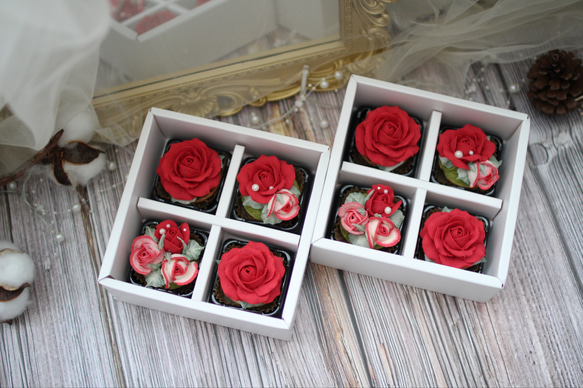 (風呂敷ラッピング)あんフラワークッキー(赤いバラ)４個入り 誕生日プレゼント 和菓子 食べられるお花！ 1枚目の画像