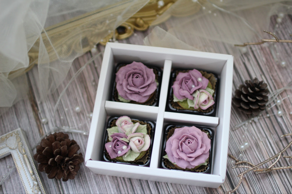5月23日以降発送(風呂敷ラッピング)あんフラワークッキー(紫色のバラ)　4個入り　和菓子贈り物　食べられるお花 1枚目の画像
