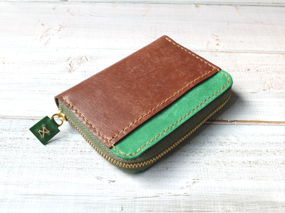 シンプルなコンパクトミニ財布　グリーン　緑　 受注製作 1枚目の画像