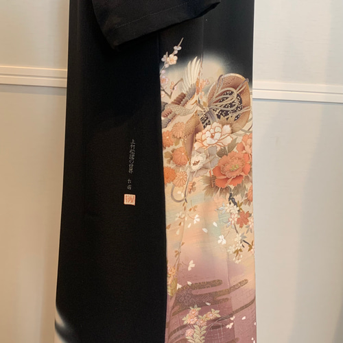 着物リメイク　フレンチ　ワンピース　黒留袖　ロング　Aライン　ドレス　舞蝶紐文 着物リメイク フレンチ ワンピース 黒留袖 ロング Aライン